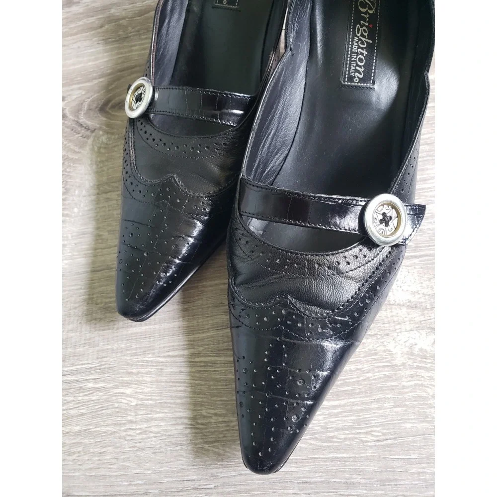 Brighton Trent Sz 7M Heels Black Leather Silver Button Point Toe Shoes Western - Picture 4 of 6